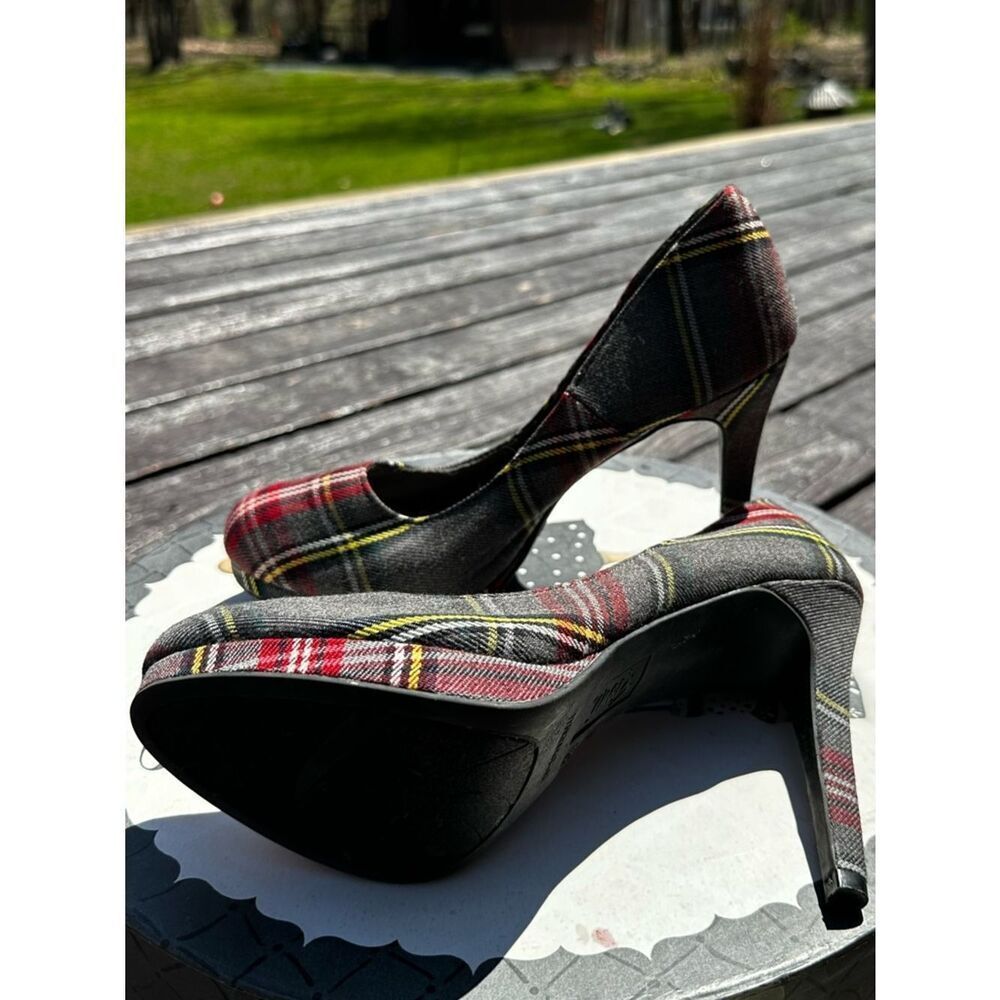 FIONI  Red Plaid High Heel Pumps with Black Accents